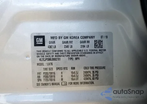 2020 Chevrolet Trax 1Lt z USA, uszkodzony, nr VIN KL7CJPSB6LB002701